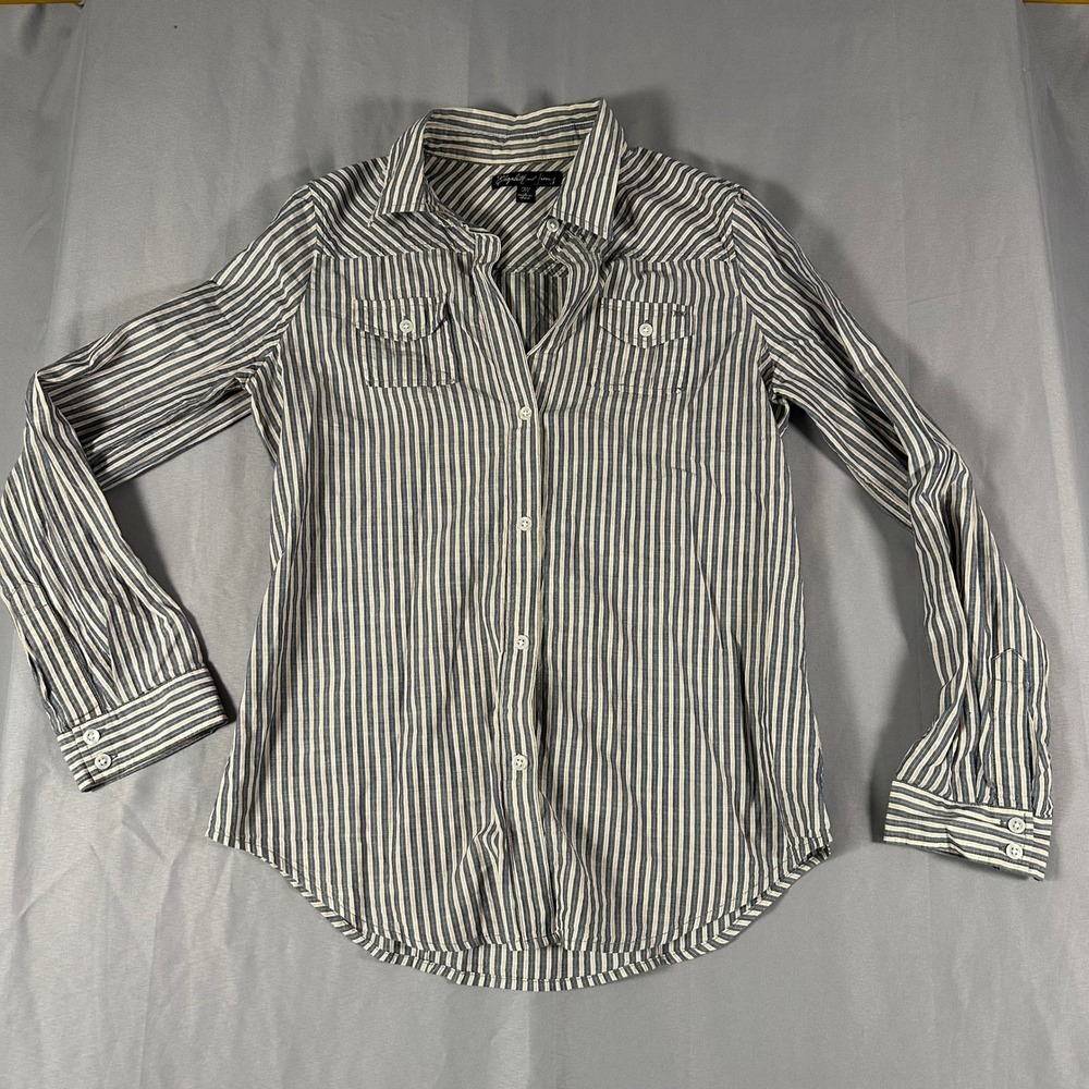 Elizabeth and James Womens Medium Blue White Striped Cotton Button Down Shirt
